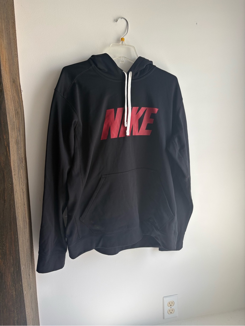 Nike Black Hoodie with Red Logo and White Drawstrings